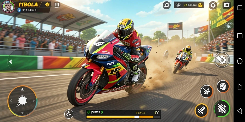 Tampilan seru gameplay 11BOLA dengan aksi balap motor yang mendebarkan.