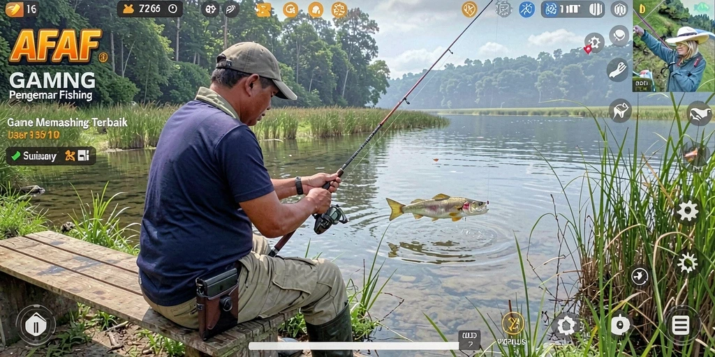 Tampilan gameplay AFAF yang menarik saat memancing di danau.