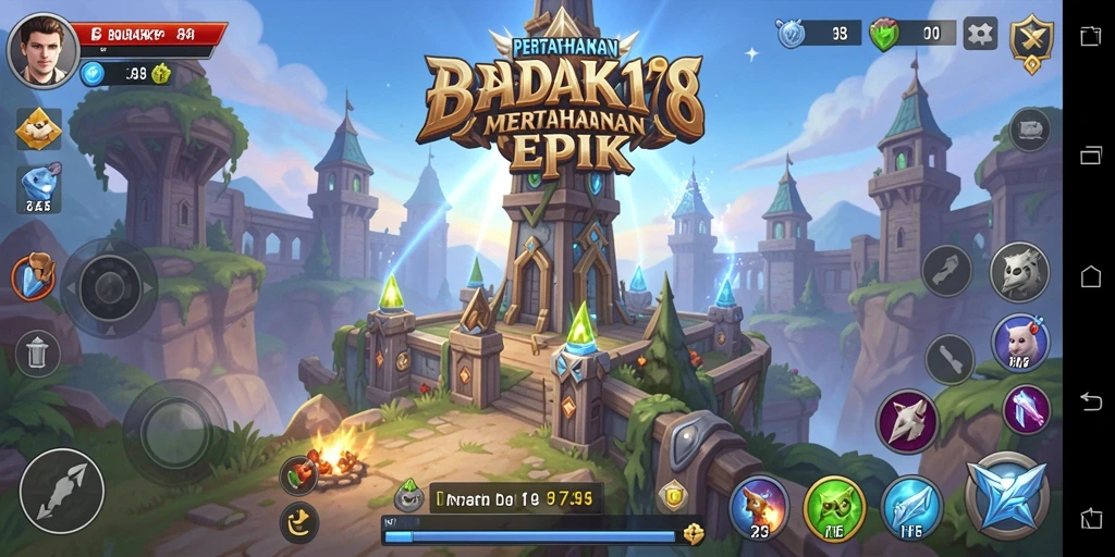 Screenshot utama menunjukkan aksi menara dan musuh dalam pertarungan Tower Defense.