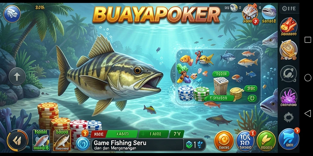Tampilan gameplay <strong>BUAYAPOKER</strong> yang menakjubkan saat menangkap ikan.