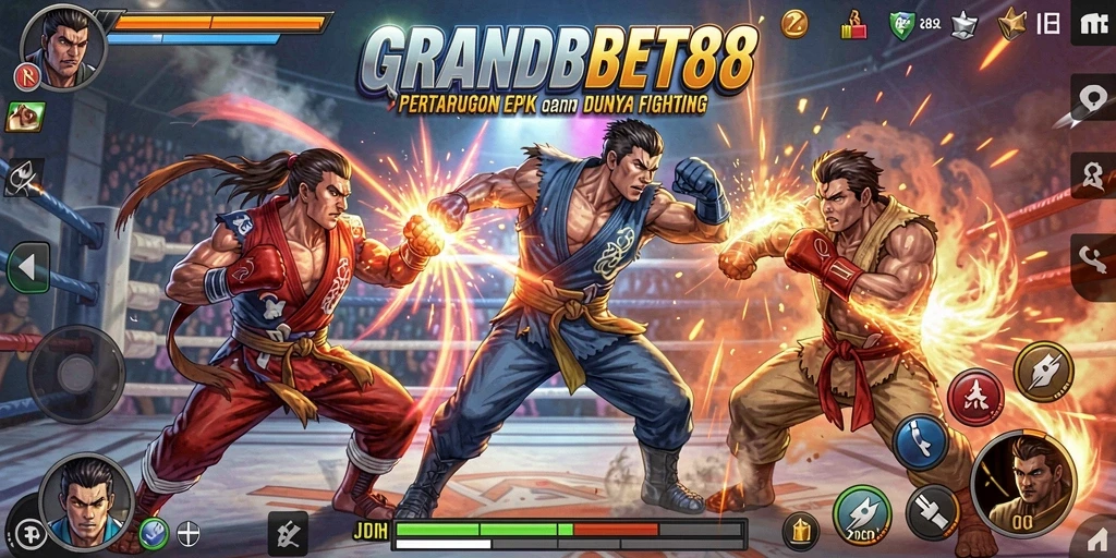 Tampilan gameplay GRANDBET88 yang penuh aksi pertarungan.