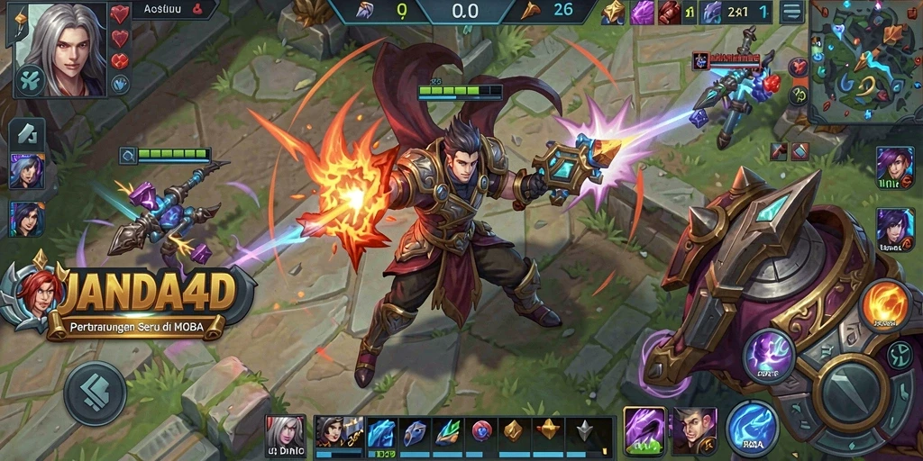 Tampilan seru gameplay JANDA4D dengan aksi pertarungan MOBA.