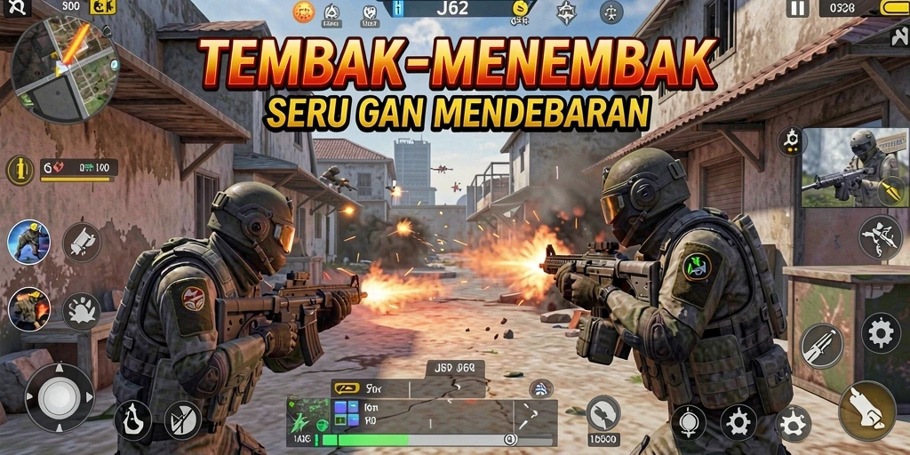 Screenshot utama JJ62 menampilkan aksi tembak-menembak yang mendebarkan.