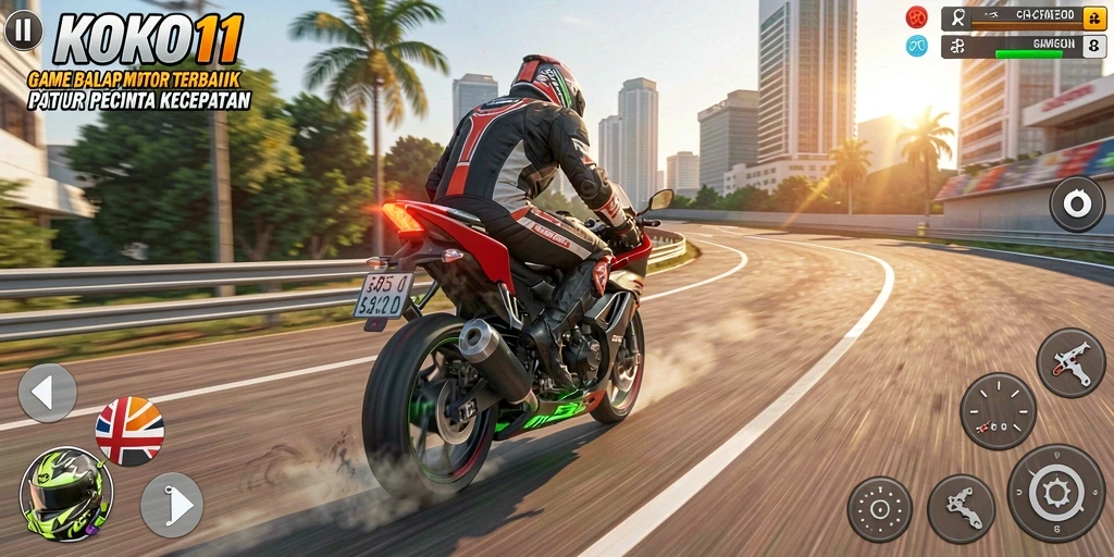 Screenshot gameplay KOKO11 menampilkan aksi balapan motor yang penuh semangat.