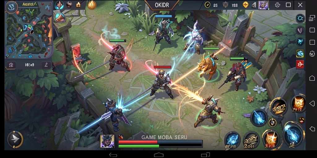 Gameplay MOBA mendebarkan dengan pertarungan tim yang seru.