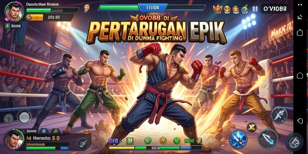 Screenshot gameplay OVO88 menampilkan pertarungan dramatis antara karakter dan efek visual yang memukau.