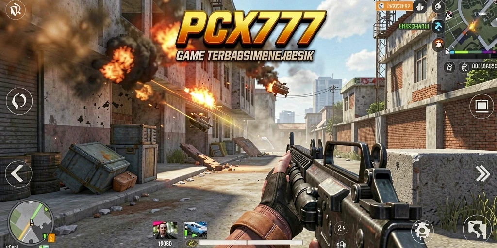 Screenshot utama gameplay PCX777 dengan aksi pertempuran yang intens.