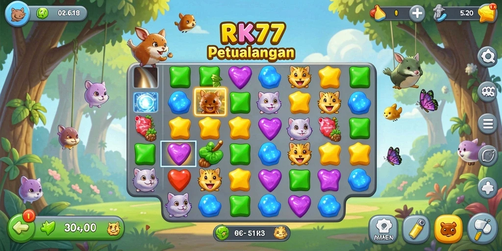 Screenshot gameplay RK77 yang menunjukkan aksi Match-3 yang seru.