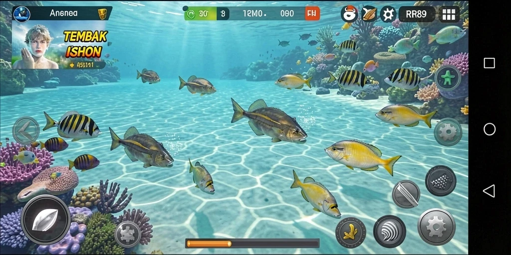 Tampilan gameplay RR89 yang seru saat menangkap ikan di bawah laut.