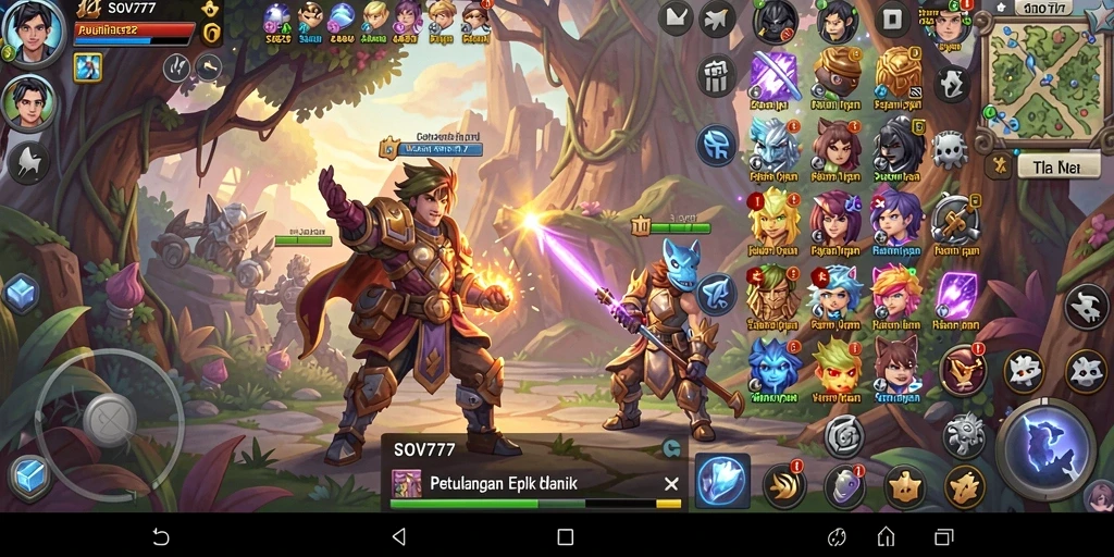 Tampilan gameplay SOV777 menunjukkan pertarungan epik dan karakter berani.