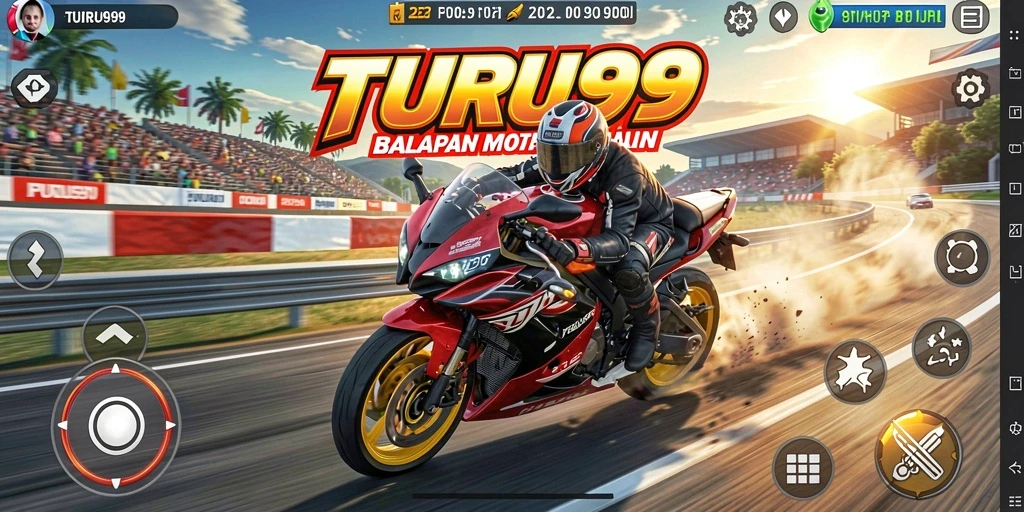 Tampilan gameplay seru dalam TURU99 saat balapan motor di jalan raya.